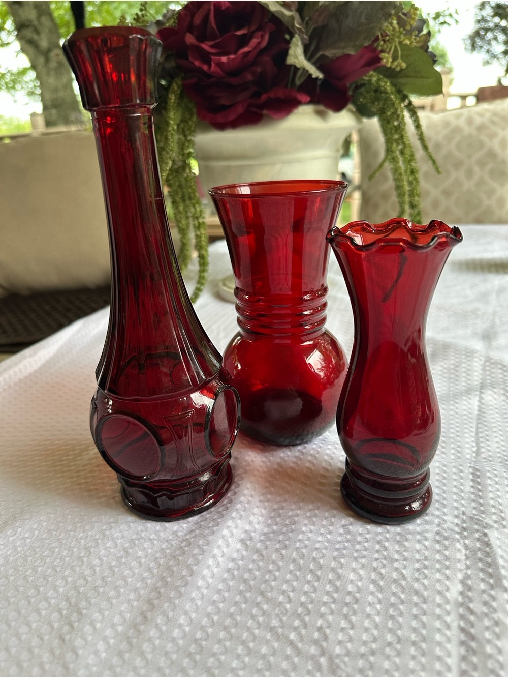 Vintage Ruby Red Glass Vases Set of 3 - 2 Anchor Hocking Royal Ruby